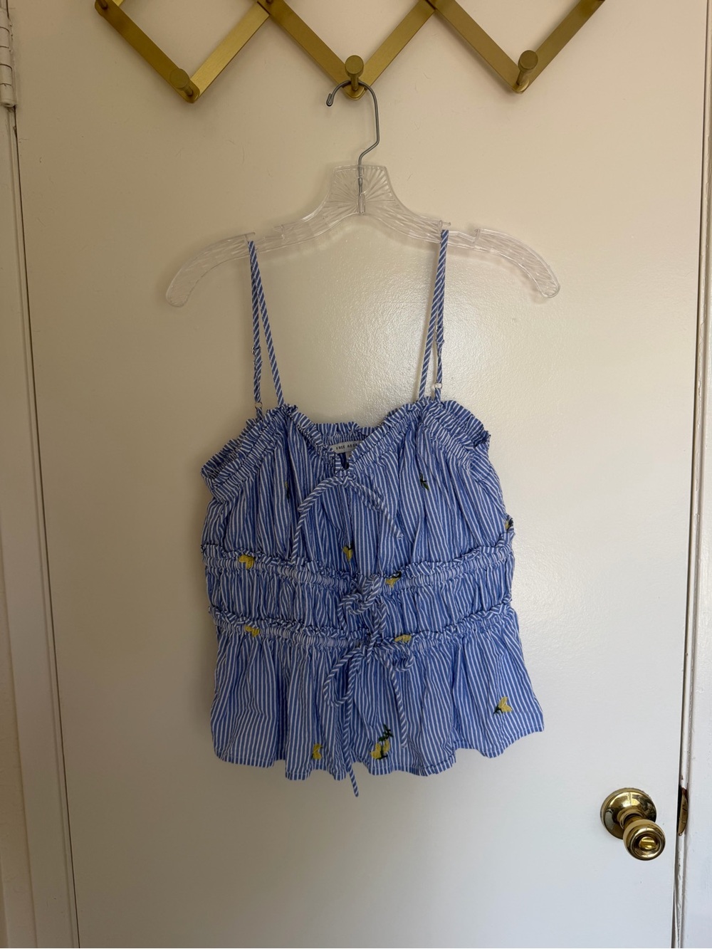 Blue Striped Smocked Lemon-Embroidered Cami Top